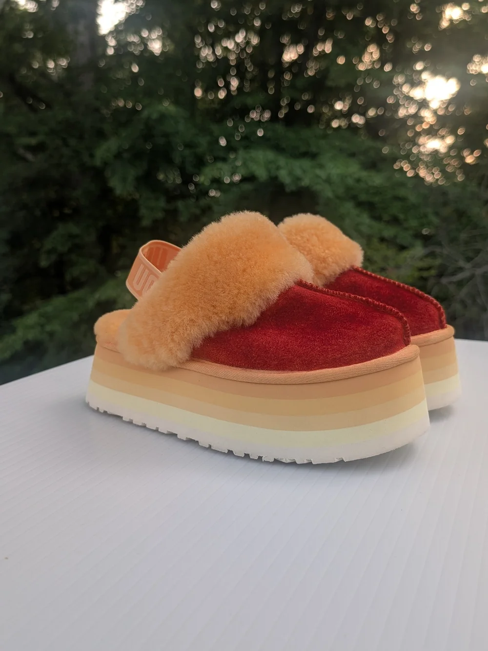 UGG Two-Tone Platform Slide in Orange Faux Fur and Orange Red Upper 7